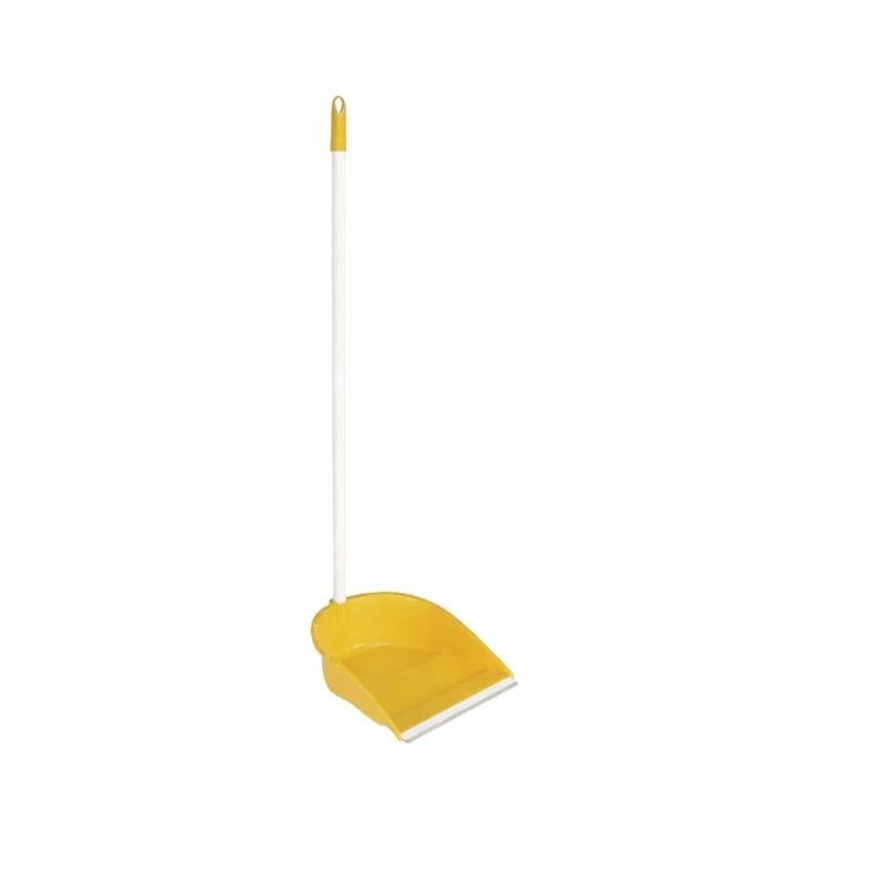 Recogedor amarillo con mango y goma en la base