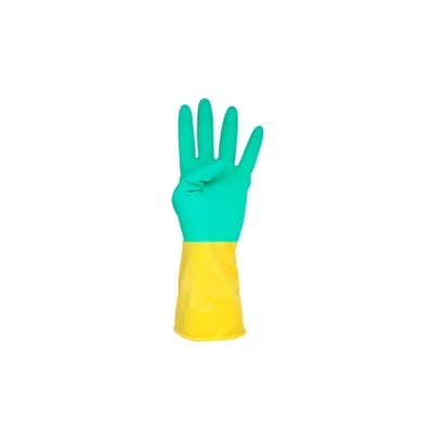 Par guante BICOLOR verde-amarillo talla M, acabado texturizado para limpieza